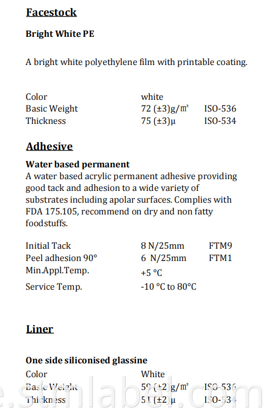 Bright White Pe Tc Water Based Permanent White Glassine